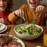 A child happily eating a bowl of broccoli mac and cheese at a family dinner.