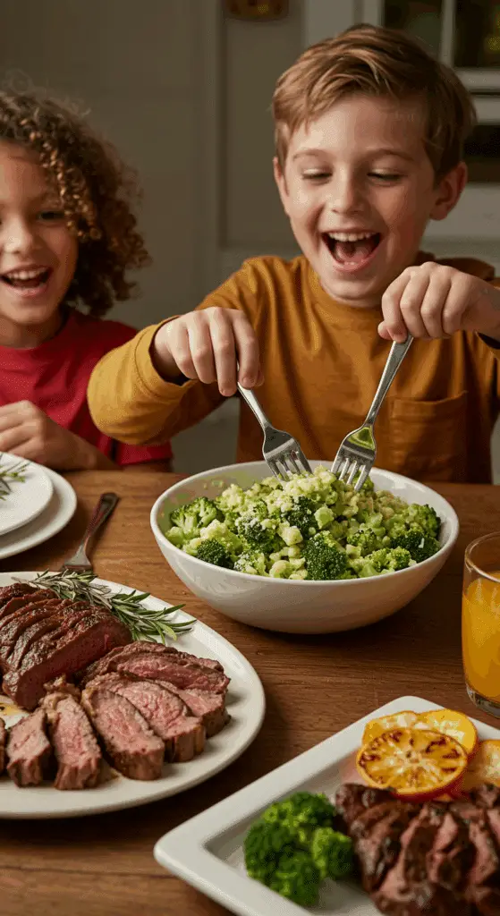 A child happily eating a bowl of broccoli mac and cheese at a family dinner.