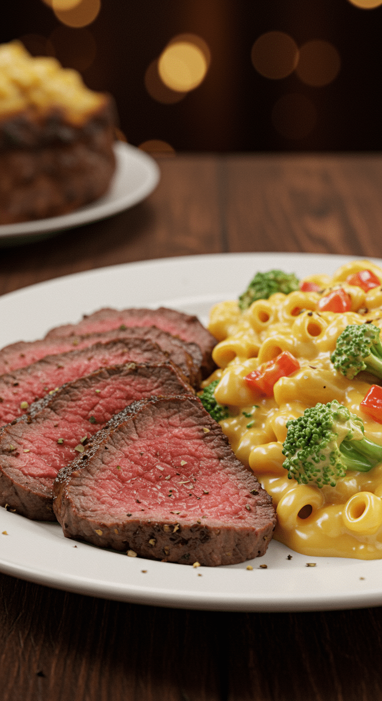 A delicious plate of sliced Flank Steak with Broccoli Mac and Cheese.