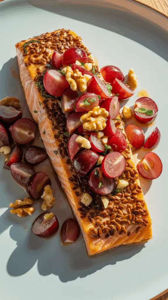 A plated meal of homemade, healthy Flaxseed-Crusted Salmon with grape salsa.