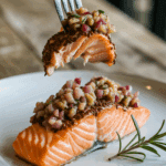 A forkful of the finished, flaky Flaxseed-Crusted Salmon with salsa.