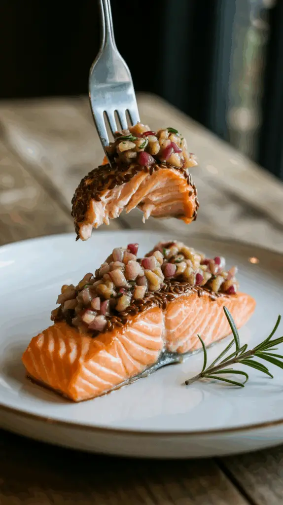 A forkful of the finished, flaky Flaxseed-Crusted Salmon with salsa.