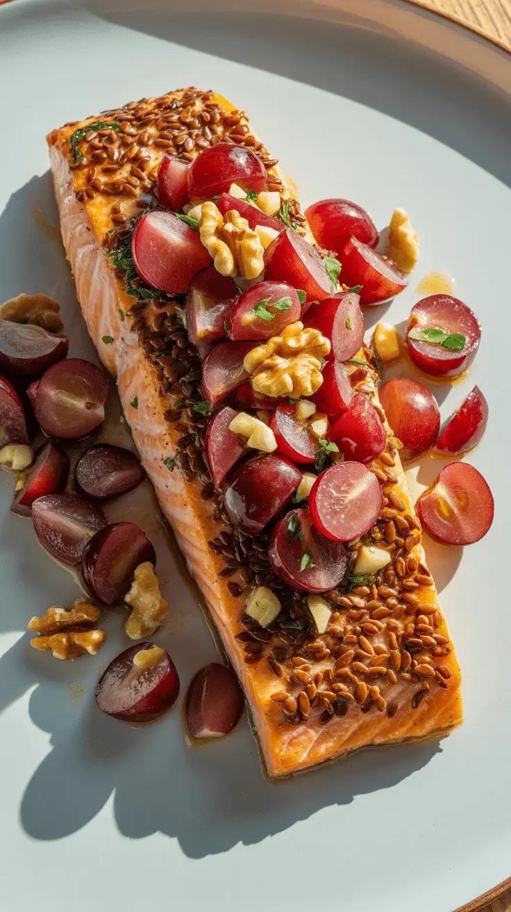 A plated meal of homemade, healthy Flaxseed-Crusted Salmon with grape salsa.