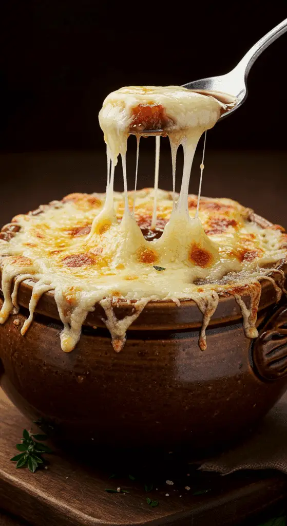 A classic crock of authentic French Onion Soup with a perfectly browned, bubbly cheese topping