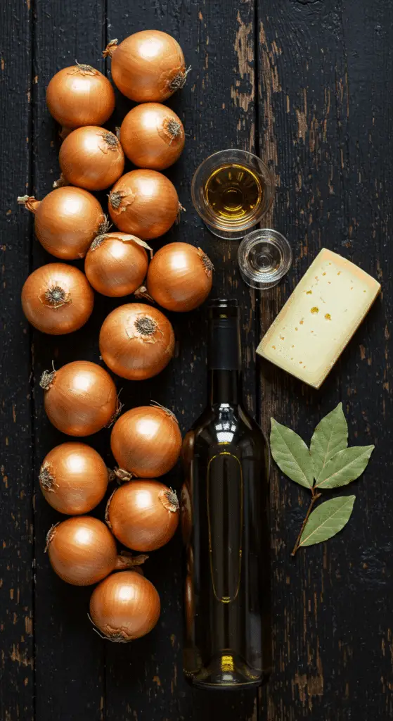 The classic ingredients for an authentic French Onion Soup, including onions, wine, and Gruyère cheese