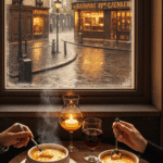 Two people enjoying bowls of hot, cheesy French Onion Soup in a cozy bistro.