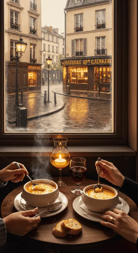 Two people enjoying bowls of hot, cheesy French Onion Soup in a cozy bistro.
