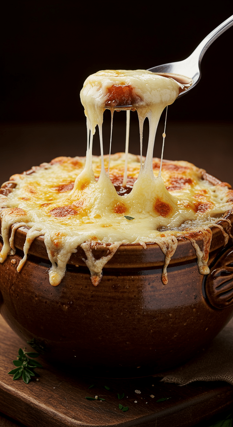 A classic crock of authentic French Onion Soup with a perfectly browned, bubbly cheese topping