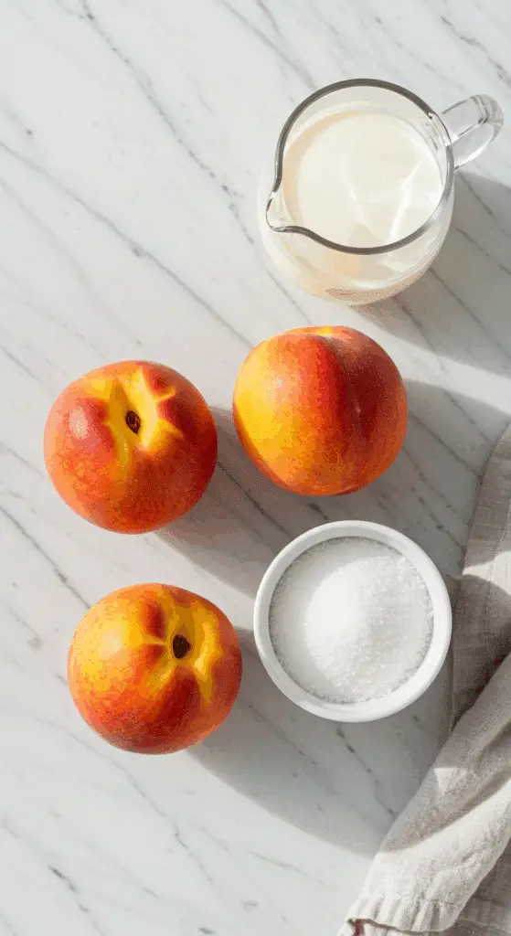 The four simple, fresh ingredients for the Peaches and Cream recipe: fresh peaches, sugar, water, and cream.