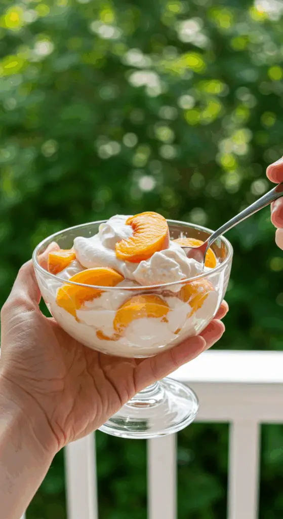 A person enjoying a refreshing bowl of Peaches and Cream on a sunny summer day.