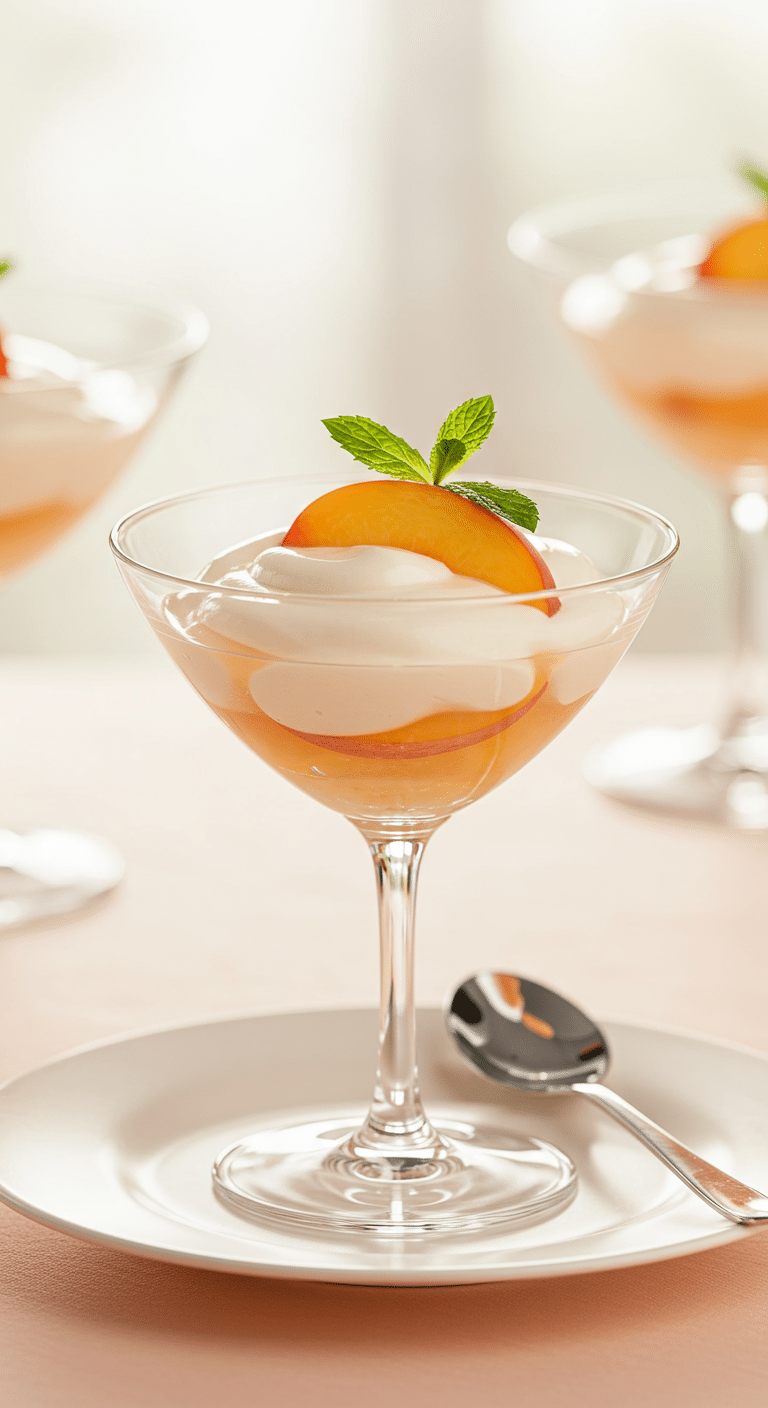 An elegant glass bowl of the best fresh Peaches and Cream dessert, garnished with a mint leaf.