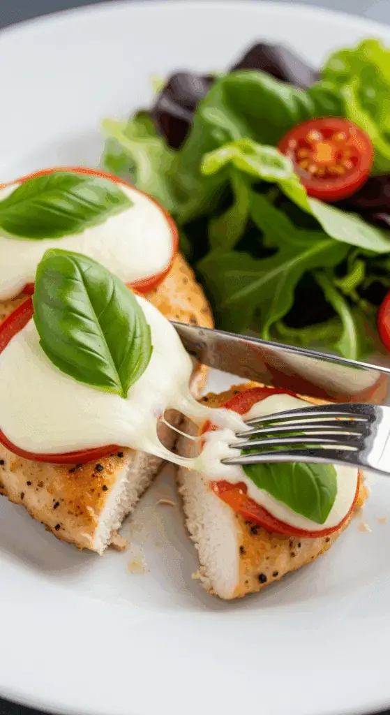A plated serving of the finished Caprese Pan-Fried Frozen Chicken Breast.