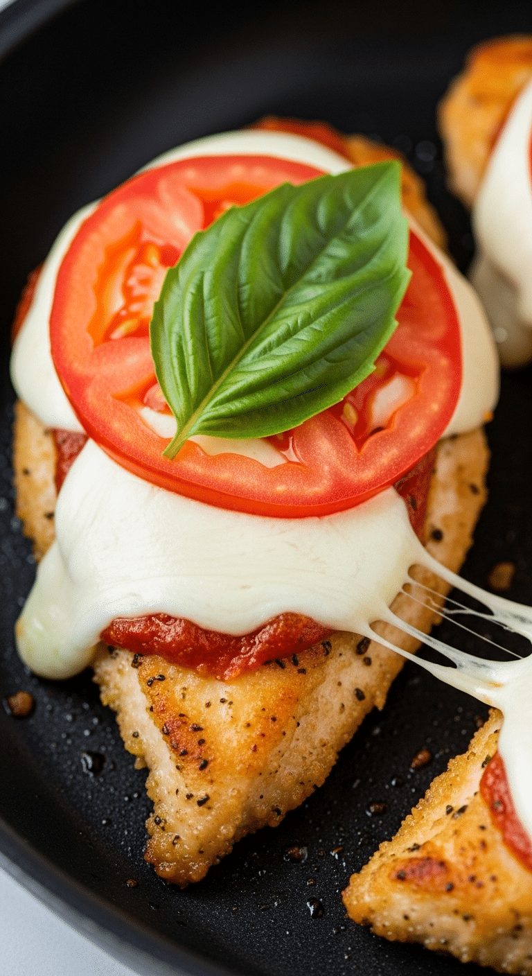 A finished Caprese-style Pan-Fried Frozen Chicken Breast in a skillet.