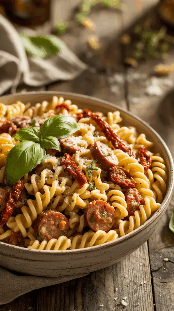 A vibrant bowl of Fusilli with Sausage, Artichokes, and Sun-Dried Tomatoes, ready to eat.