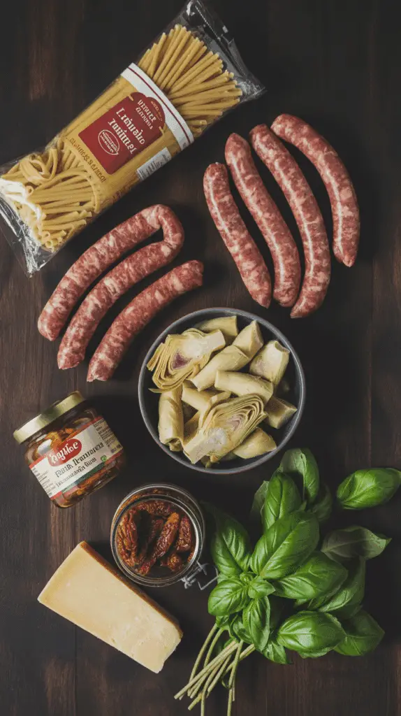 The fresh ingredients for Fusilli with Sausage, Artichokes, and Sun-Dried Tomatoes arranged on a wooden table.