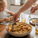 A family sharing a large bowl of Fusilly with Sausage, Artichokes, and Sun-Dried Tomatoes.