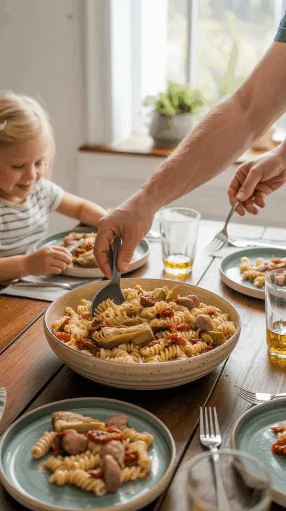 A family sharing a large bowl of Fusilly with Sausage, Artichokes, and Sun-Dried Tomatoes.
