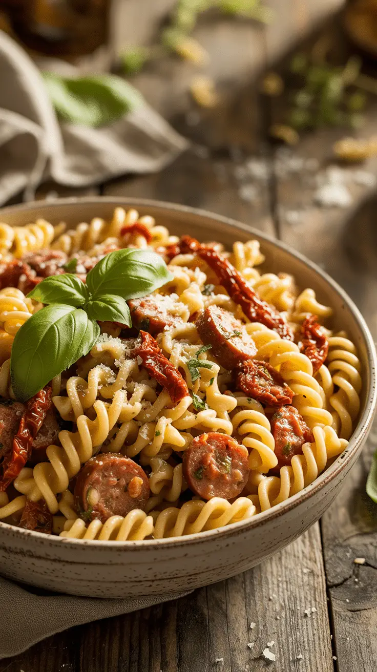 A vibrant bowl of Fusilli with Sausage, Artichokes, and Sun-Dried Tomatoes, ready to eat.