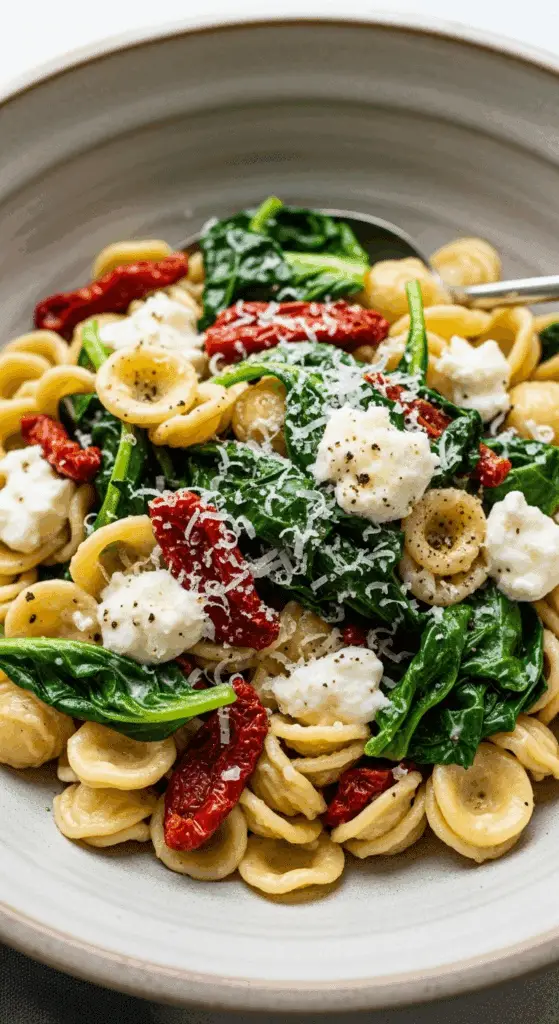 A large bowl of homemade, easy Goat Cheese Pasta with mixed greens