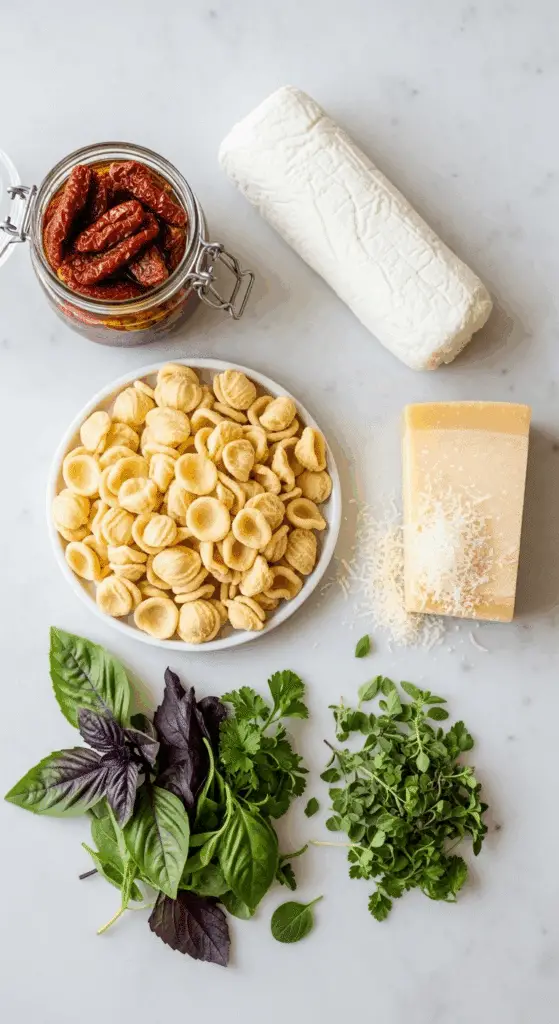 Fresh ingredients for the easy Goat Cheese Pasta recipe.
