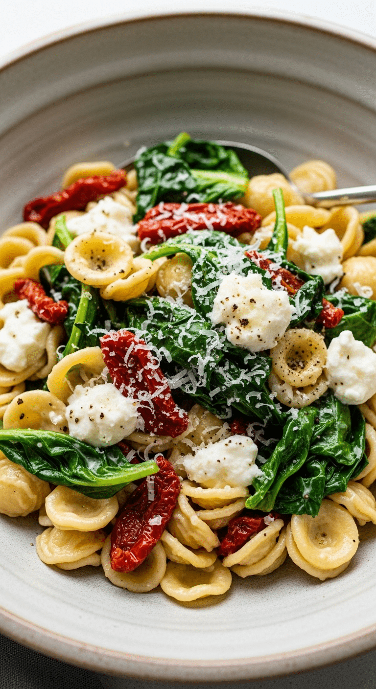 A large bowl of homemade, easy Goat Cheese Pasta with mixed greens