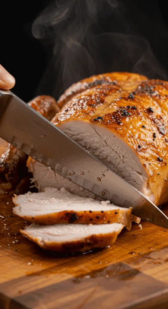 A knife slicing into the juicy, finished Spatchcock Cornish Hen.
