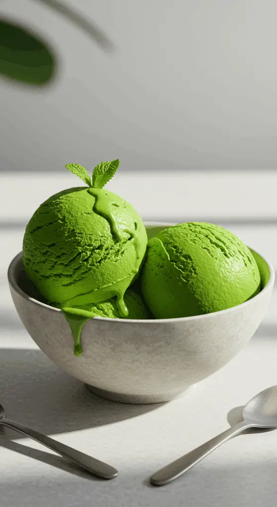 Two beautiful scoops of vibrant, creamy green Homemade No-Churn Matcha Ice Cream in a stylish bowl.
