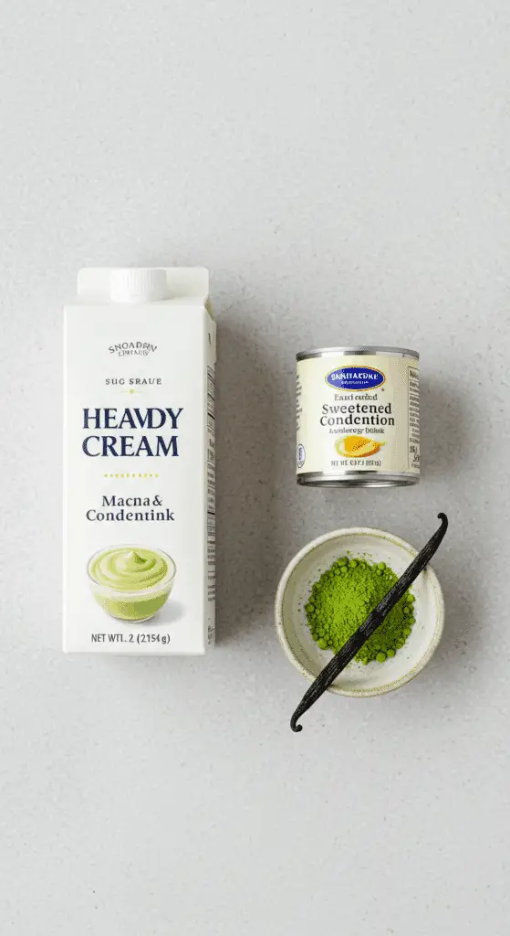 The 4 simple ingredients for the No-Churn Matcha Ice Cream: heavy cream, condensed milk, matcha powder, and vanilla.