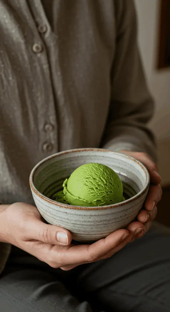 A person holding a simple bowl with a single scoop of homemade Matcha Ice Cream.