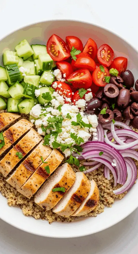 A healthy and colorful, finished Greek Chicken Bowl.