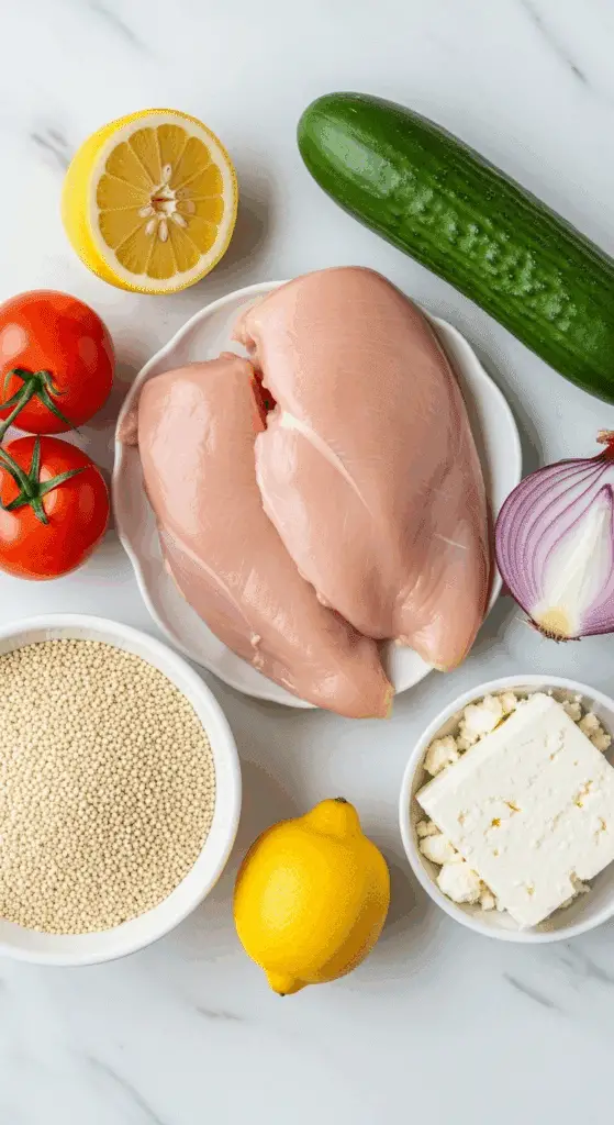 Fresh ingredients for the healthy Greek Chicken Bowl.