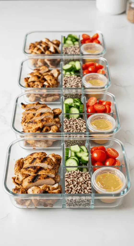 Meal prep containers with the separate components for the Greek Chicken Bowl.