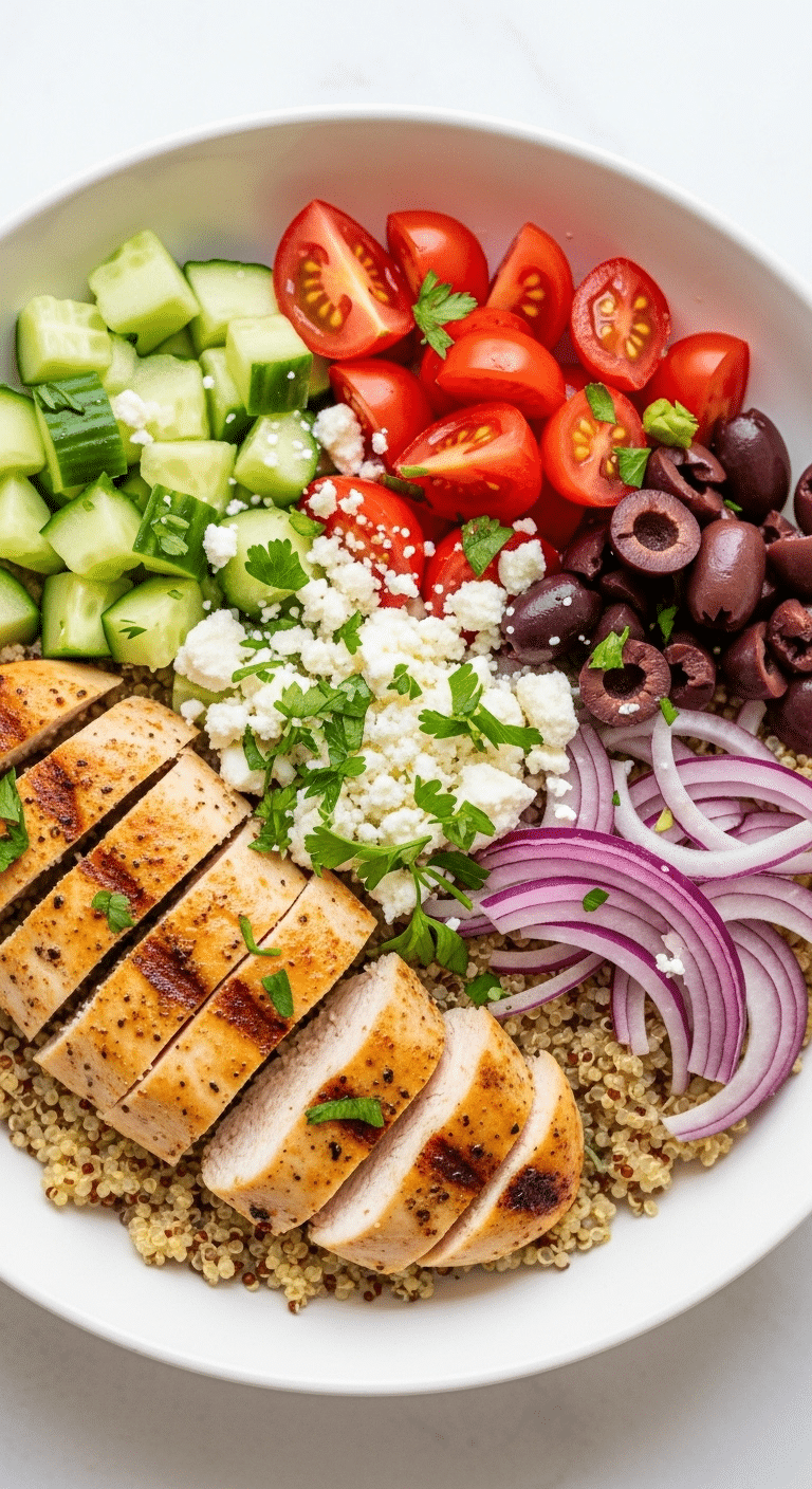 A healthy and colorful, finished Greek Chicken Bowl.