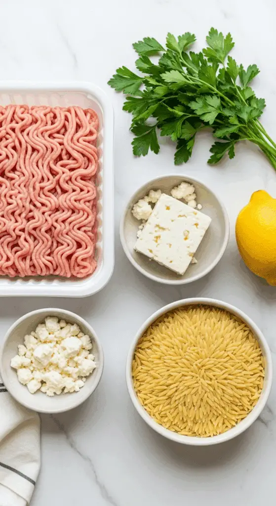 Fresh ingredients for the Greek Chicken Meatballs and Lemon Orzo