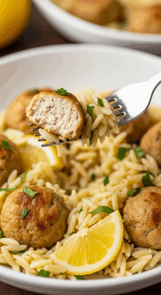 A forkful of the finished Greek Chicken Meatballs and Lemon Orzo.