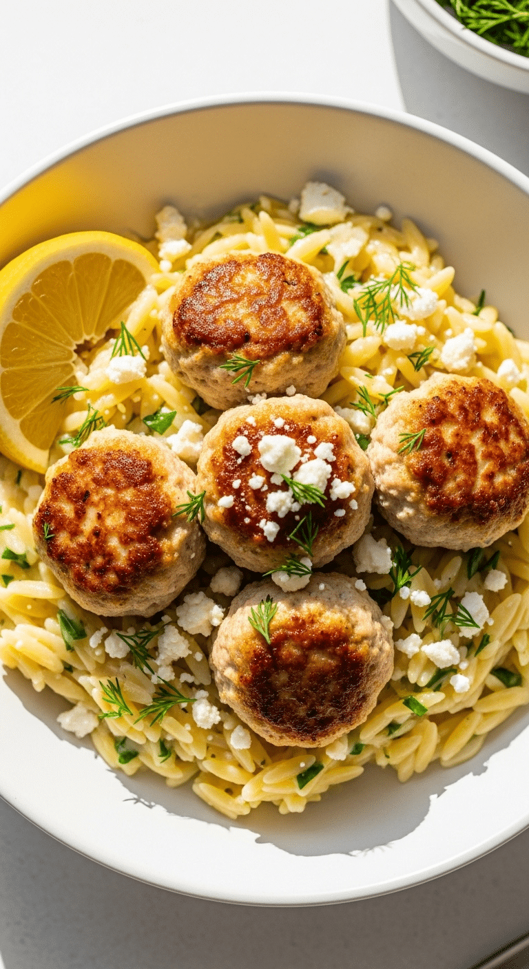 A healthy bowl of homemade Greek Chicken Meatballs and Lemon Orzo.