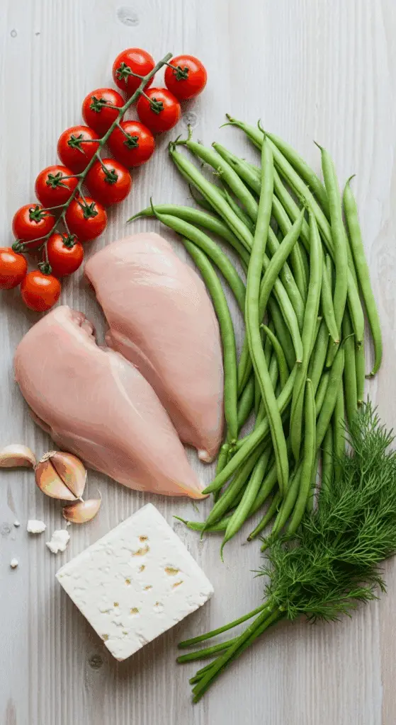 Fresh ingredients for the Greek Grilled Chicken and green beans recipe.