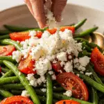A hand crumbling feta cheese over the grilled green beans and tomatoes