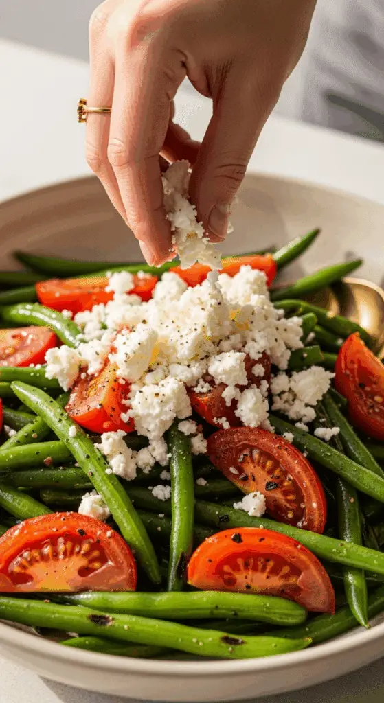 A hand crumbling feta cheese over the grilled green beans and tomatoes