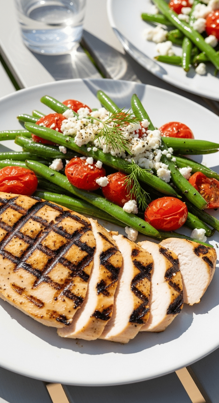A plate of healthy, homemade Greek Grilled Chicken with green beans and tomatoes.