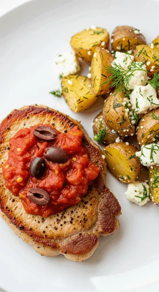 A plated meal of a homemade Greek Pork Chop with feta-dill potatoes and tomato sauce.
