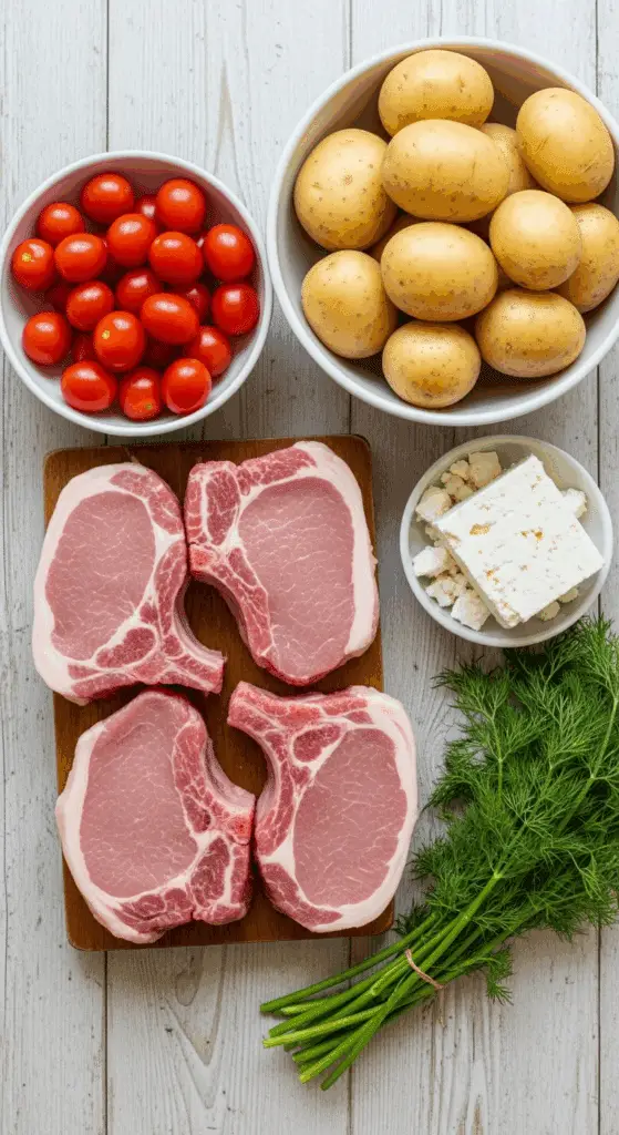 Fresh ingredients for the Greek Pork Chops and potatoes recipe.