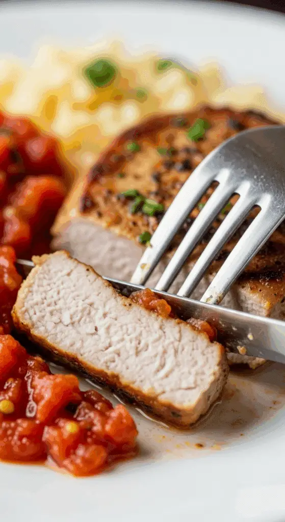 A fork cutting into a juicy, finished Greek Pork Chop.
