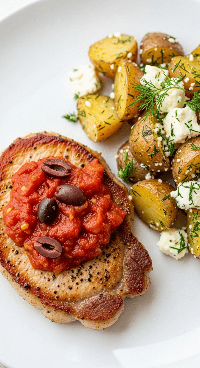 A plated meal of a homemade Greek Pork Chop with feta-dill potatoes and tomato sauce.
