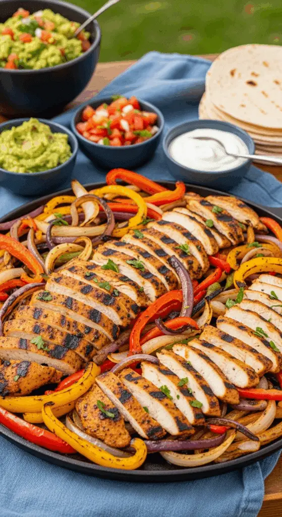 A platter of homemade Grilled Chicken Fajitas with peppers, onions, and toppings.