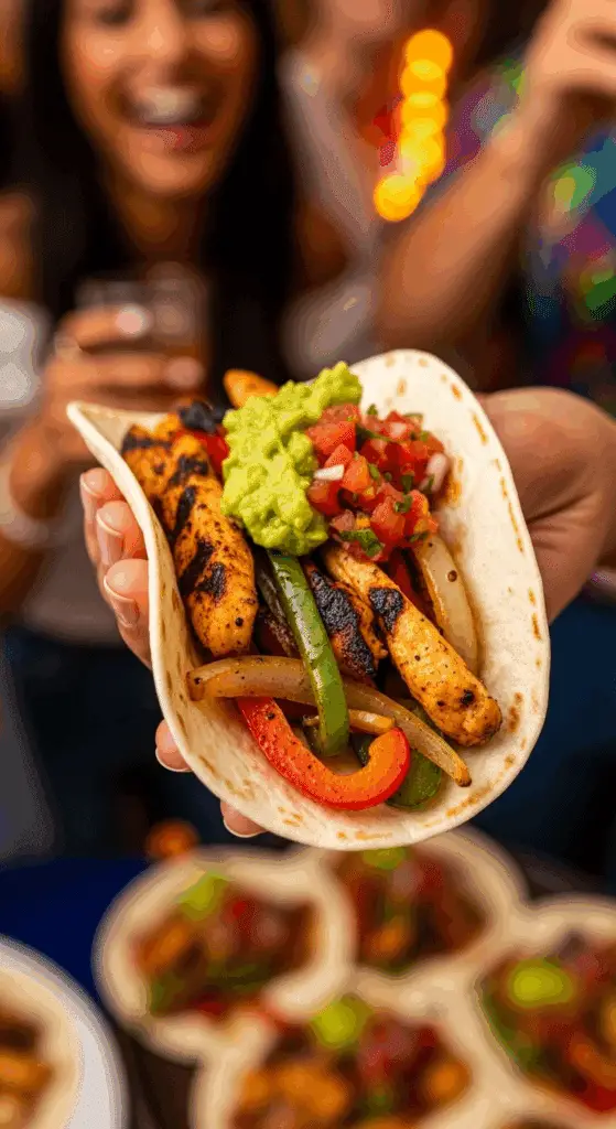 A hand holding a finished, assembled Grilled Chicken Fajita.