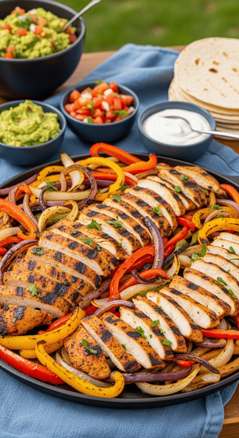 A platter of homemade Grilled Chicken Fajitas with peppers, onions, and toppings.