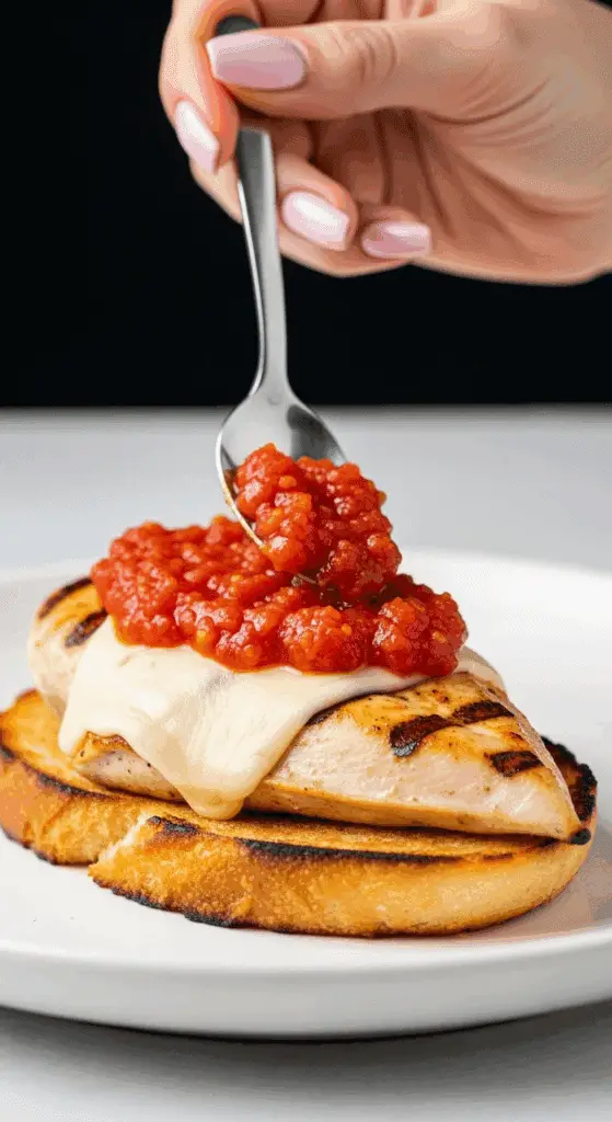 Spooning the fresh tomato sauce over the finished Grilled Chicken Parmesan.