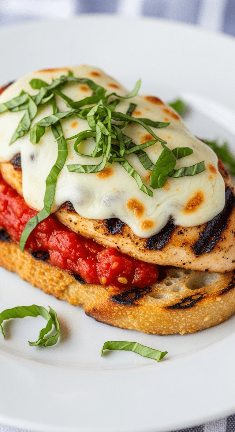 A plate of healthy, homemade Grilled Chicken Parmesan on a piece of crusty bread.