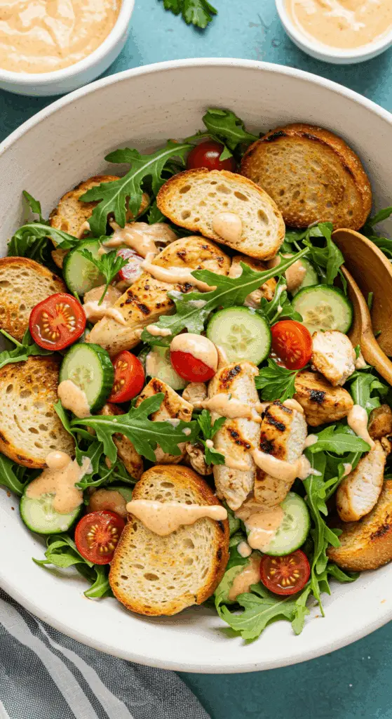 A large bowl of homemade, healthy Grilled Chicken Salad with a gazpacho dressing.